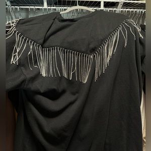 Cozy Fleece Crew Neck Drop Shoulder Rhinestone Fringe Sweatshirt
